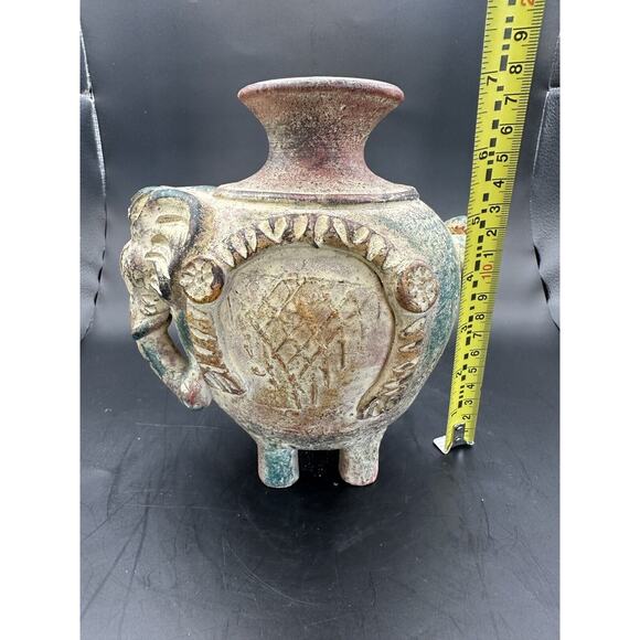 Decorative Terra Cotta Painted Pottery Elephant Vase 7 Inches Brown Green Red - Picture 8 of 9